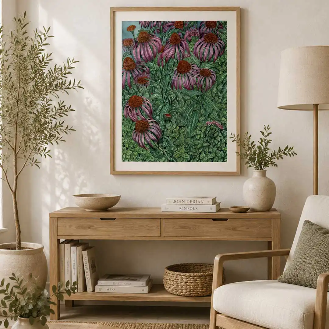 jezowka i oregano-reprodukcja Biotop Art lipiec w-drewnianej ramie biala sciana