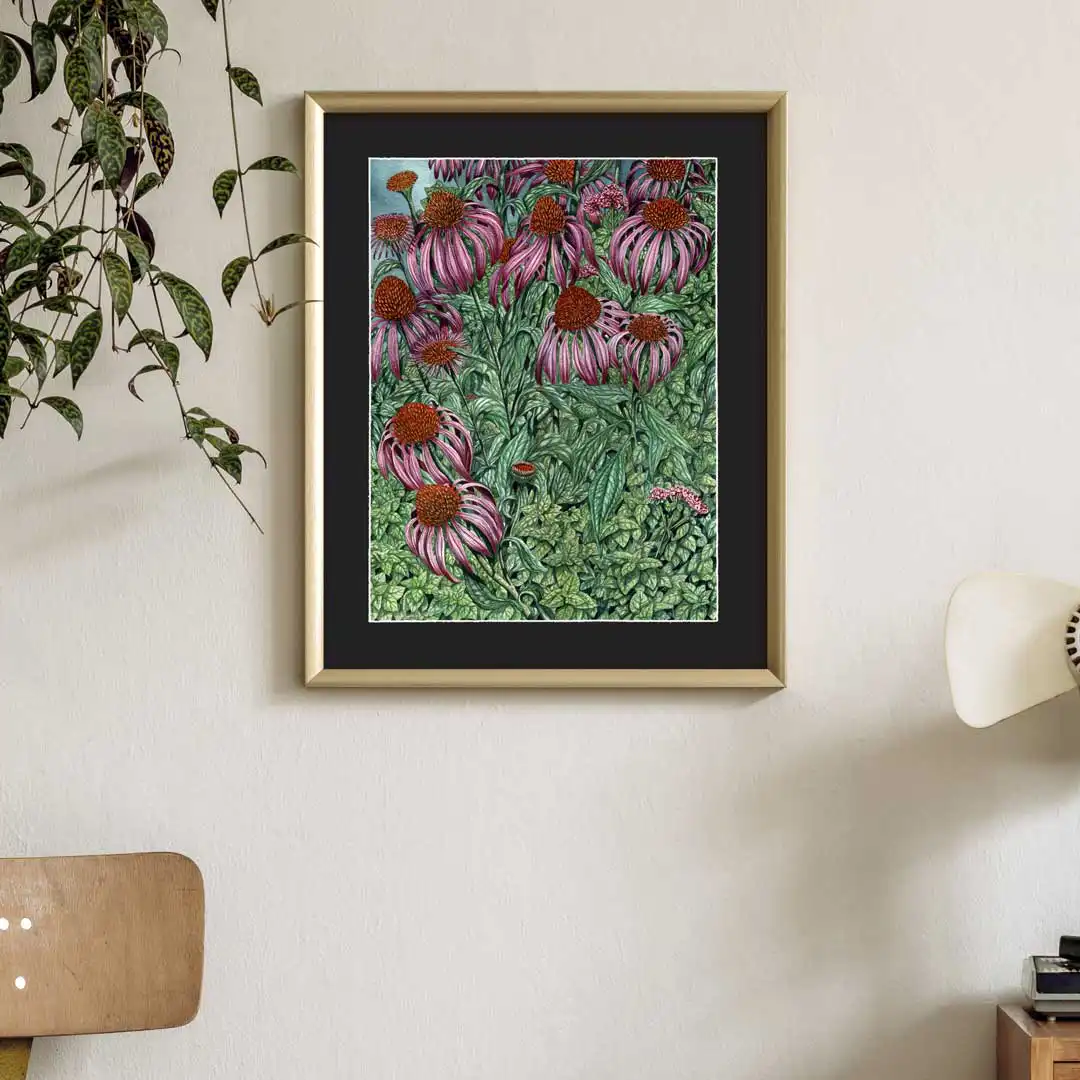 jezowka i oregano-reprodukcja Biotop Art lipiec w drewnianej ramie biala sciana