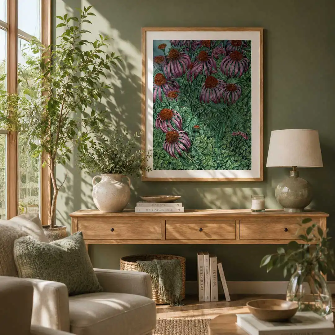 jezowka i oregano-reprodukcja Biotop Art lipiec w drewnianej ramie zielona sciana i okno