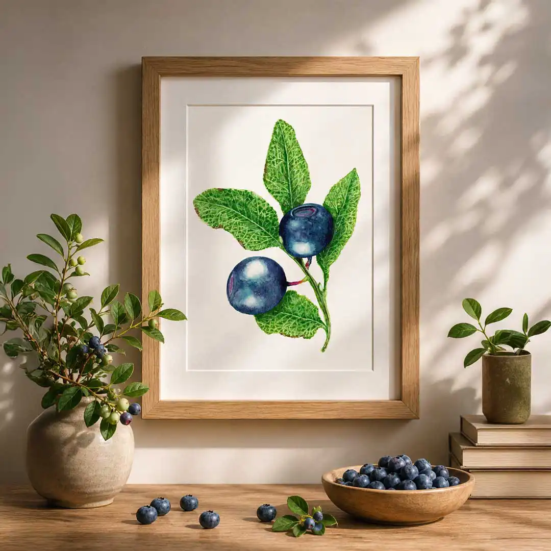 Borówka reprodukcja Biotop Art w ramie z naturalnego drewna